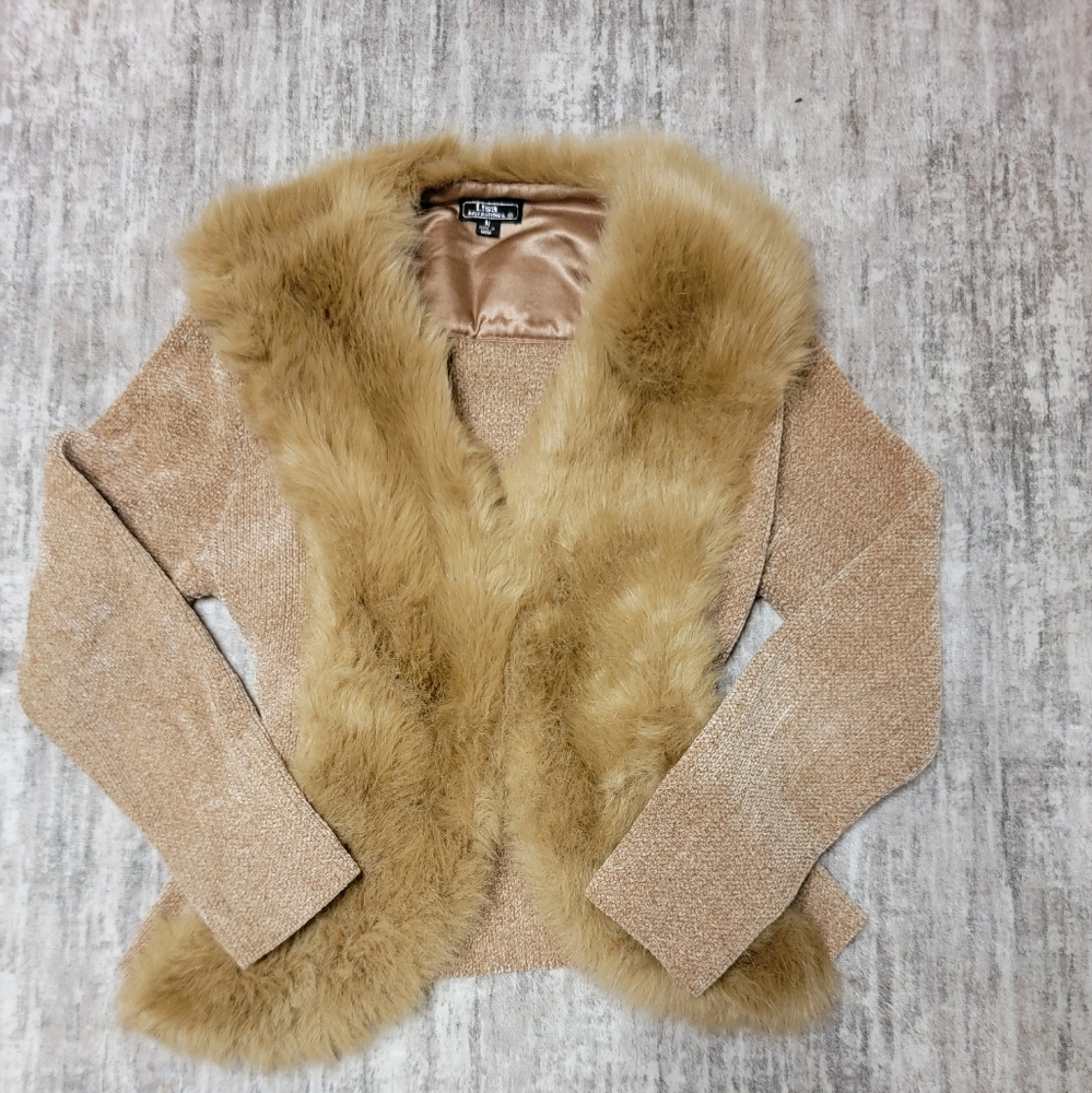 Lisa International Faux Fur Trimmed Jacket Brown Size Medium Camel Sweater Y2k